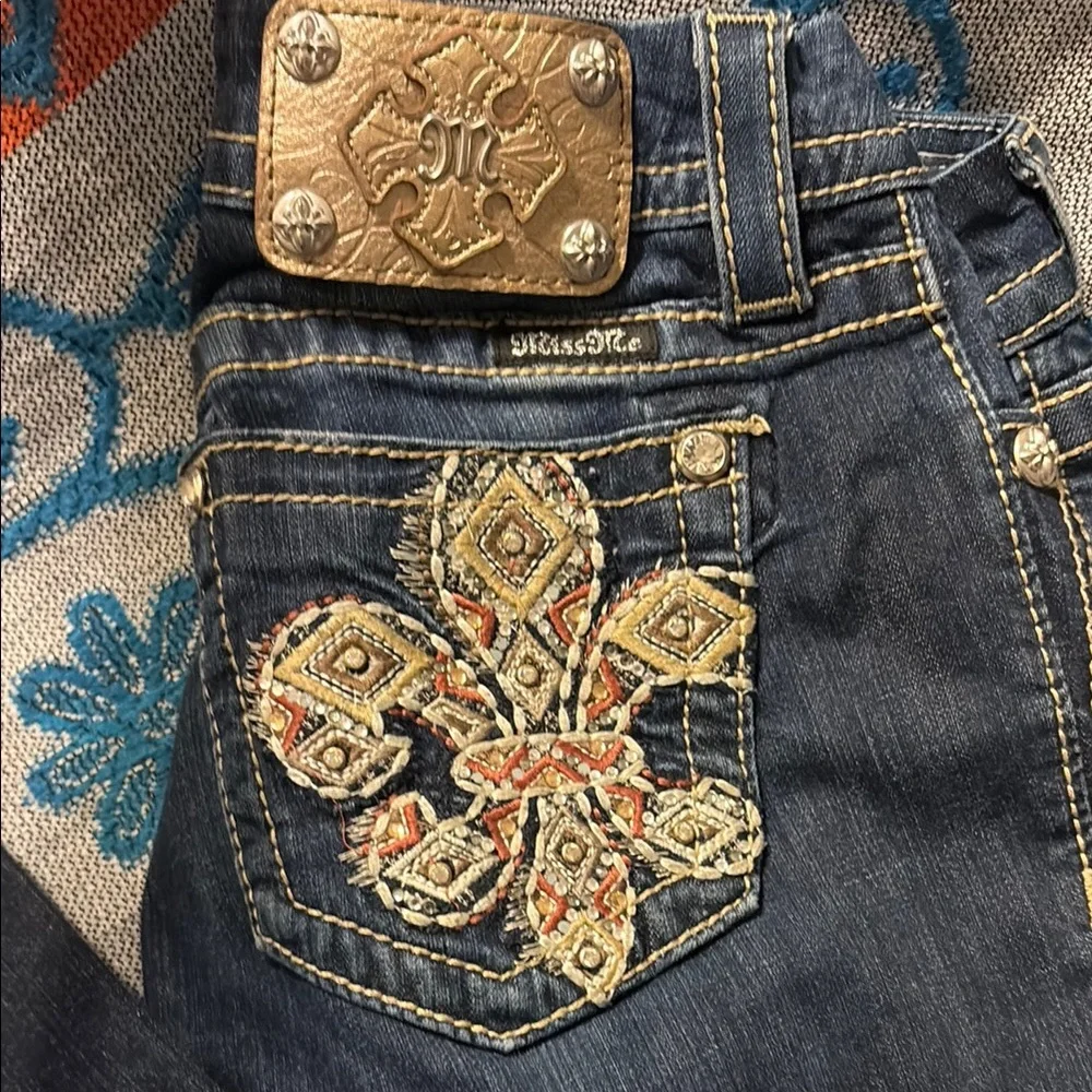 Miss Me Boot Cut Jeans in Blue and Gold with Fleur-de-Lis Embroidery - Picture 2 of 9